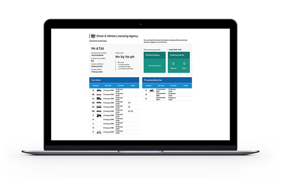 acceptable example of a driving licence summary from dvla website