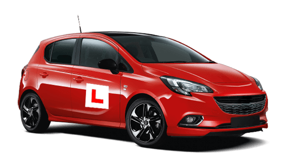 red hatchback car with l plate on driver door