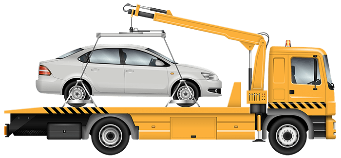 yellow tow truck lifting white car