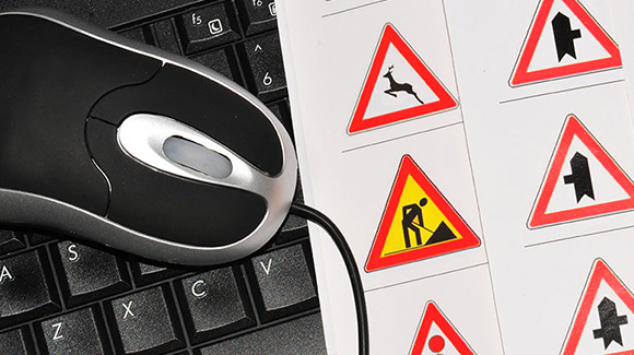 traffic signs, computer mouse and keyboard mock up 