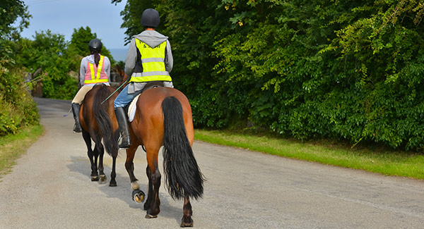 young couple riding their horses on country roads